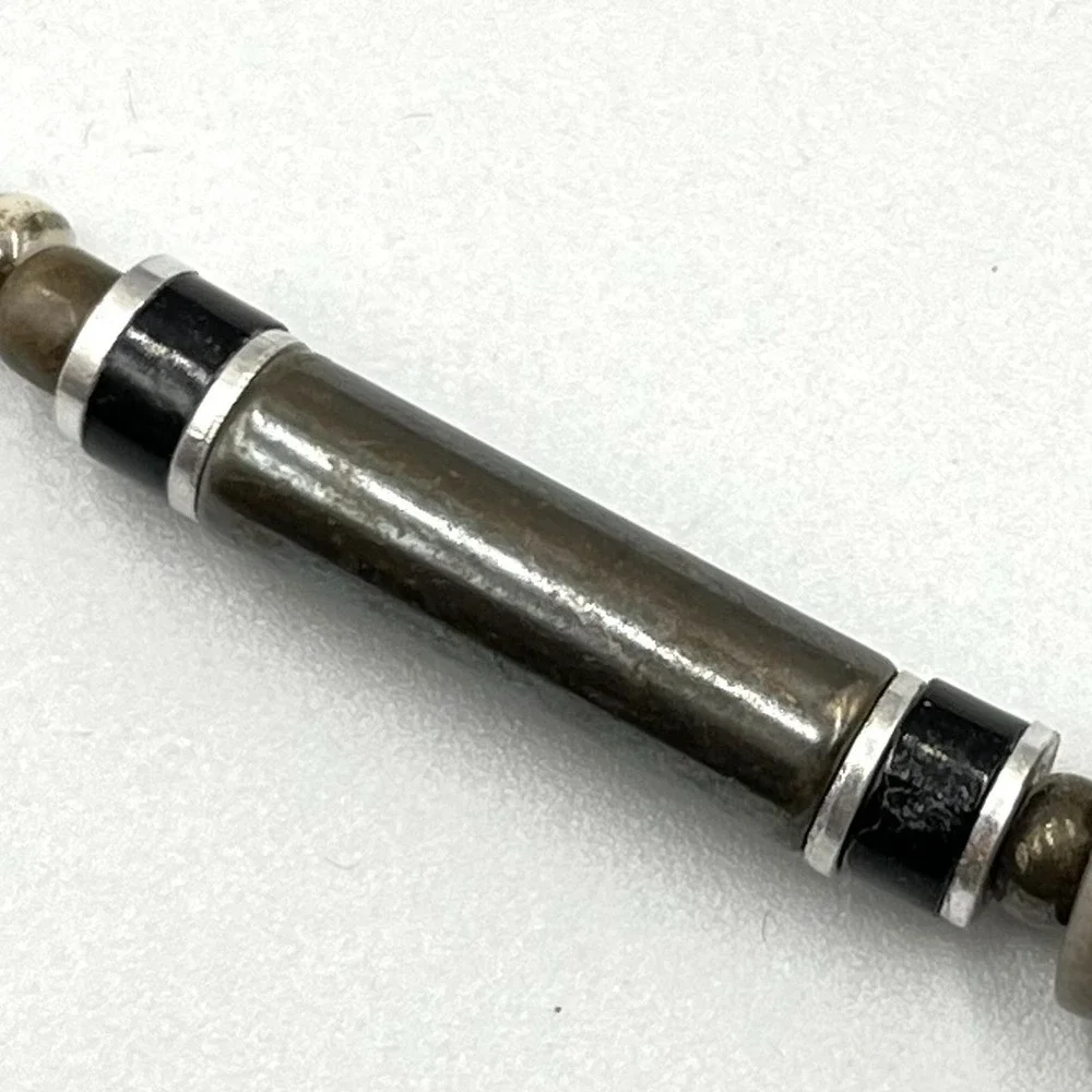 Vintage Retro Earthy Grey Stone & Wood Tube Bead Necklace‎ Boho Tribal Style